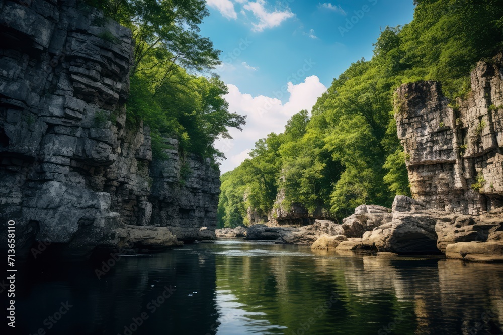 Serene Lake Nestled Amidst Lush Green Trees and Rugged Rocks Serene Lake Nestled Amidst Lush Green Trees and Rugged Rocks