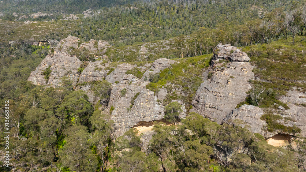 Drone aerial photograph of the impressive sandstone rock formations in the Gardens of Stone State Conservation area near Lithgow in New South Wales in Australia