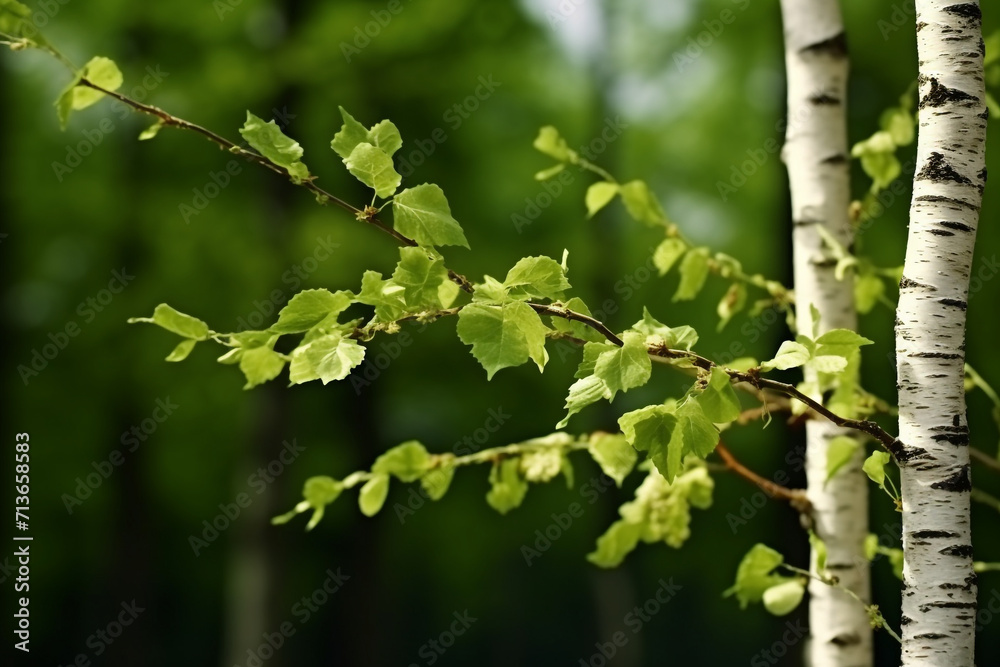 birch tree with green leaves on thin branch in natural garden background birch tree with green leaves on thin branch in natural garden background