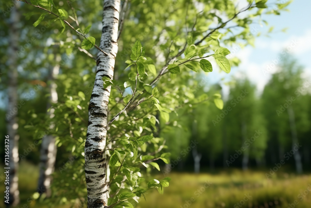 Obraz premium birch tree with green leaves on thin branch in natural garden background