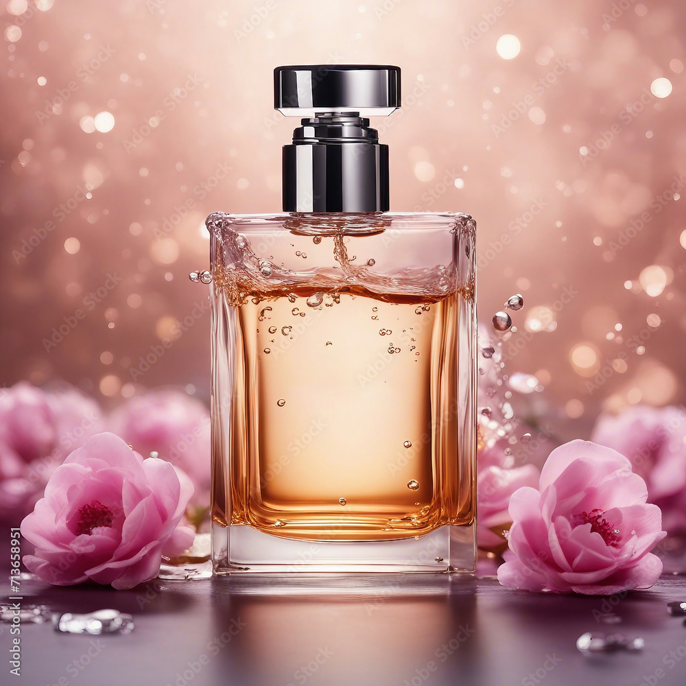 view of perfume bottle on a table with flowers view of perfume bottle on a table with flowers