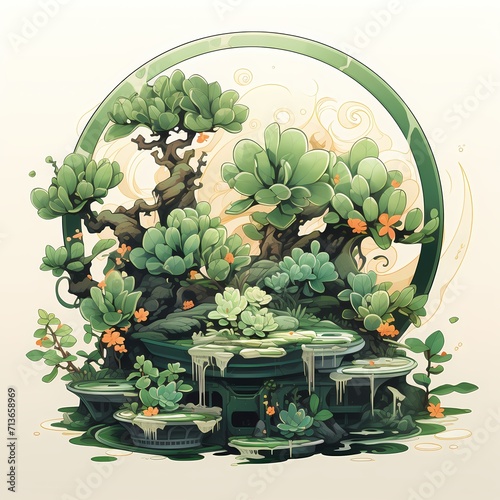 jade plant the Chinese lucky plant drawing in vintage style illustration