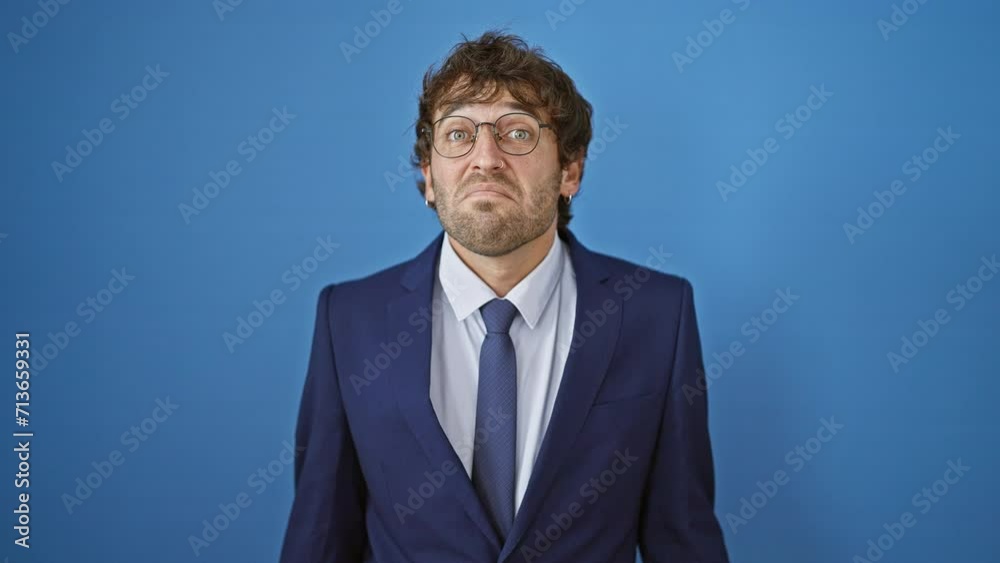 Young blond man in business suit, clueless and confused, hands and arms raised in a shrugging gesture, isolated on a blue background Young blond man in business suit, clueless and confused, hands and arms raised in a shrugging gesture, isolated on a blue background