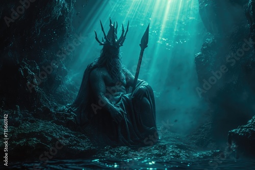Lord of Shadows: A Cinematic Scene of Hades, the Greek God of the Underworld, in the Depths of his Domain, Dimly Lit by Ghostly Spirits and Trevas photo