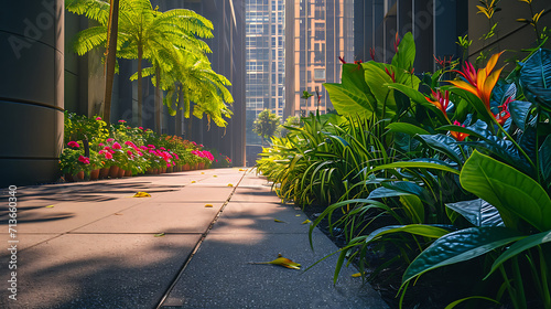 Plantas verdes e flores coloridas emanãm dos rachaduras no cimento da calçada injetando um toque de beleza inesperada na paisagem urbana photo