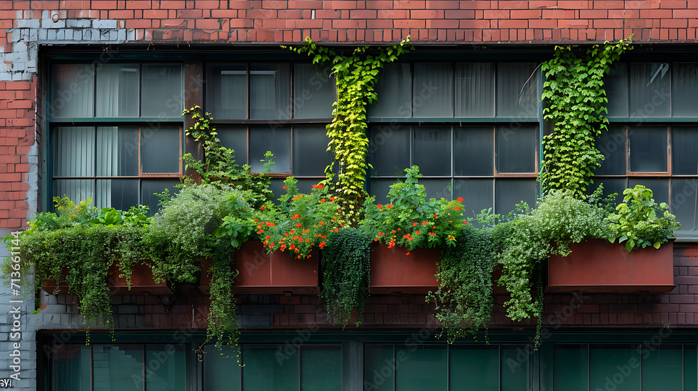 Plantas verde vibrantes caem pelas laterais dos prédios industriais suas folhas criando um contraste marcante contra o concreto e metal