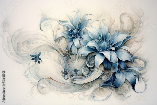 Elegant artistic depiction of abstract blue floral design using a pencil. Generative AI