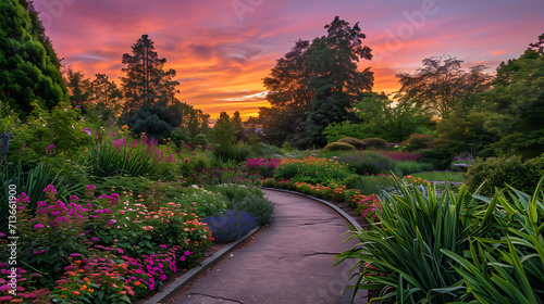 Tons vibrantes de rosa roxo e laranja dançam no céu ao pôr do sol lançando um brilho quente e etéreo sobre o jardim botânico