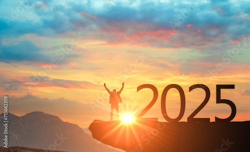 2025 and Silhouette man in mountains against backdrop of bright colorful sunset. Silhouette of number 2024 on mountain  concept Happy New Year celebration