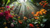 Flores tropicais vibrantes caem sobre folhagem verde esmeralda criando um alvoroço de cores e textura  A luz solar filtra-se através do dossel denso lançando sombras pontilhadas no chão da floresta