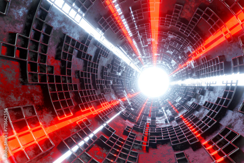 Fototapeta Naklejka Na Ścianę i Meble -  Flying into sci-fi tunnel with glowing neon light, loop motion graphic for technology concept, 3D rendering.