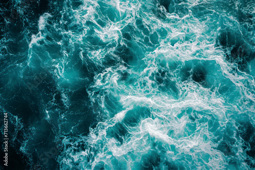 From above aerial view of turquoise ocean water with splashes and foam for abstract natural background and texture. #713662744