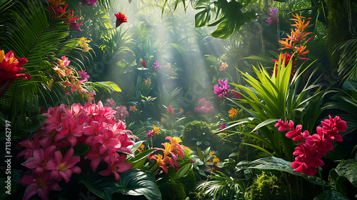 Flores tropicais vibrantes caem sobre folhagem verde esmeralda criando um alvoroço de cores e textura  A luz solar filtra-se através do dossel denso lançando sombras pontilhadas no chão da floresta photo