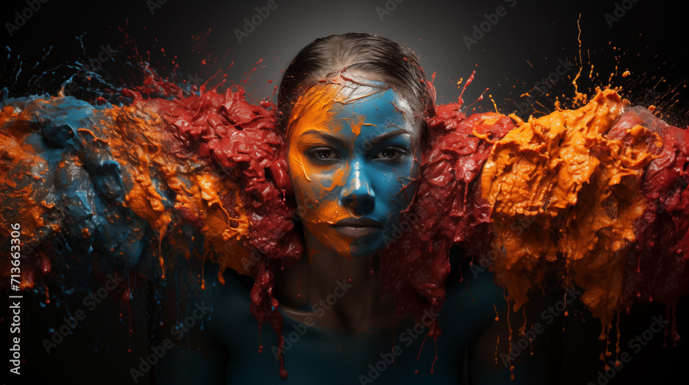 Woman's face with different colored paint on it