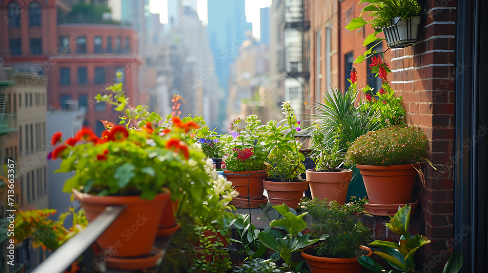 Vasos de plantas coloridas e vivas enfeitam a borda de uma movimentada sacada da cidade adicionando uma explosão de beleza natural à paisagem urbana