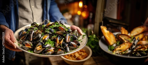 Normandy's Culinary Gem: A Platter of Moules Marinières Presented by a Skilled Chef, a Perfect Harmony of Plump and Juicy Mussels, White Wine, and Cream, Creating a Coastal Delight.




