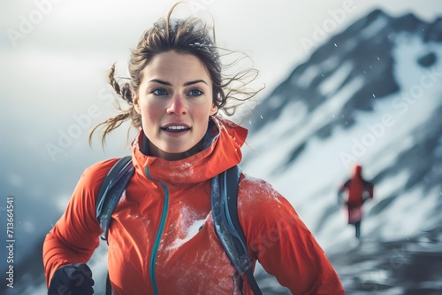 female runner exercising running on winter snow mountain
