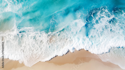 Aerial view beautiful seascape beach, wave, blue sea water and sand in Sunny day, Summer Top view from drone. nature background