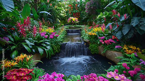 Flores e plantas exóticas e vívidas de todo o mundo são exibidas em um jardim botânico encantador photo