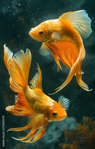 graphic art of 2 gold fish in the pond, auspicious animal for Chinese New Year, the symbol of wealth