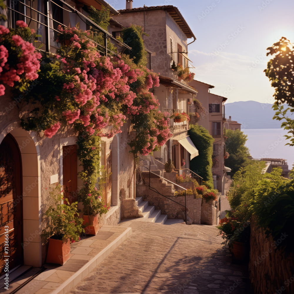 a picturesque street lined with tall buildings and beautiful flowers. The street is lined with potted plants, creating a serene atmosphere. The buildings are adorned with  balconies  and windows, 