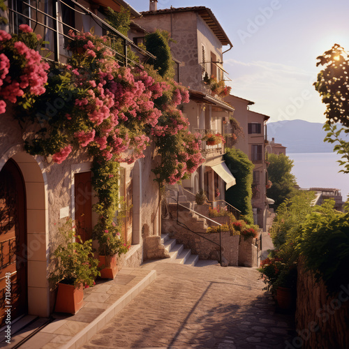 a picturesque street lined with tall buildings and beautiful flowers. The street is lined with potted plants  creating a serene atmosphere. The buildings are adorned with  balconies  and windows  