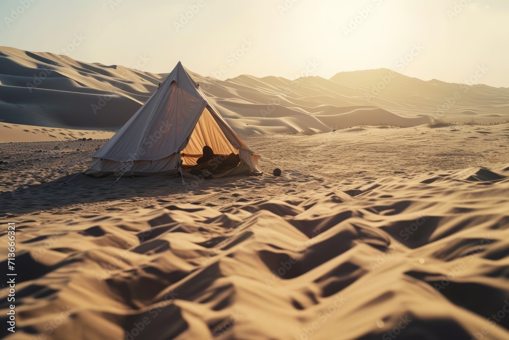 Desert Retreat: A Couple Finds Tranquil Refuge Inside a Tent on a Sun-Drenched Plateau, Surrounded by Vast Sand Dunes. Embracing the Warmth and Romance of Nature's Isolation.




