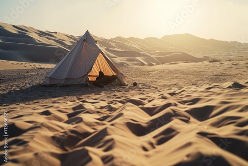 Desert Retreat  A Couple Finds Tranquil Refuge Inside a Tent on a Sun-Drenched Plateau  Surrounded by Vast Sand Dunes. Embracing the Warmth and Romance of Nature s Isolation.     