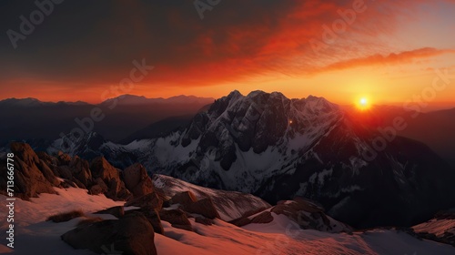 A breathtaking mountain landscape at sunset, with snow-capped peaks, a fiery sky, and a sense of awe and majesty, Photography © CREATIVE STOCK