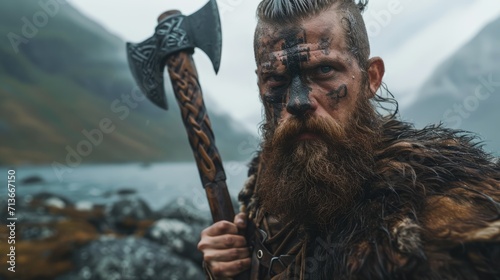 Into the Norse Mists: A Viking Warrior, Axe Gleaming, Stands Proud in the Nordic Fjord, Symbolizing the Unyielding Spirit of the North. photo