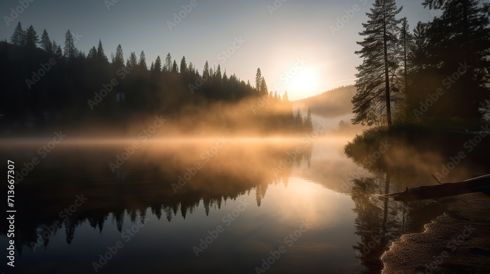 Fototapeta premium A breathtaking sunrise over a serene mountain lake, with mist rising from the water, pine trees on the shore, and a feeling of tranquility and awe, Photography