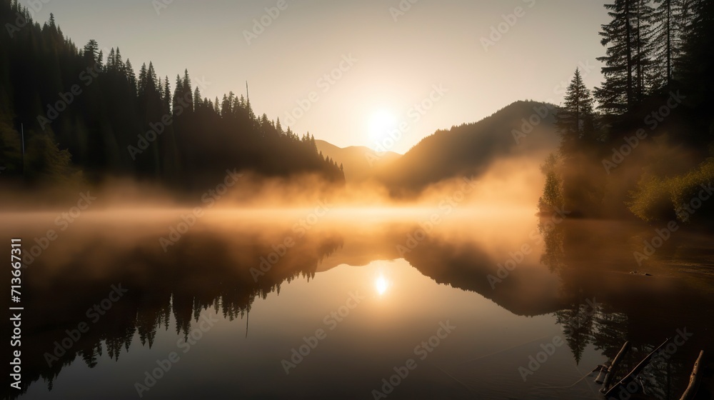 A breathtaking sunrise over a serene mountain lake, with mist rising from the water, pine trees on the shore, and a feeling of tranquility and awe, Photography 