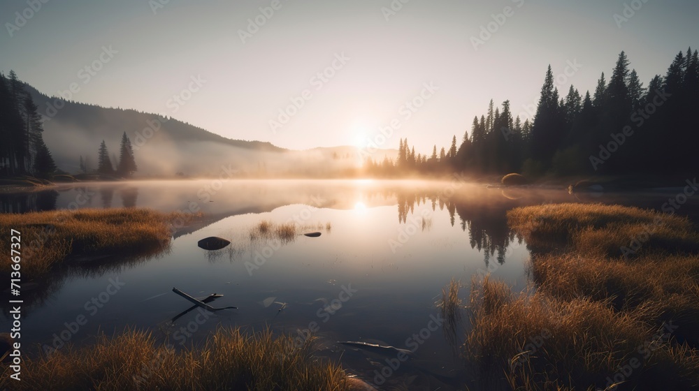 Fototapeta premium A breathtaking sunrise over a serene mountain lake, with mist rising from the water, pine trees on the shore, and a feeling of tranquility and awe, Photography 