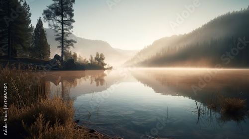 A breathtaking sunrise over a serene mountain lake, with mist rising from the water, pine trees on the shore, and a feeling of tranquility and awe, Photography 