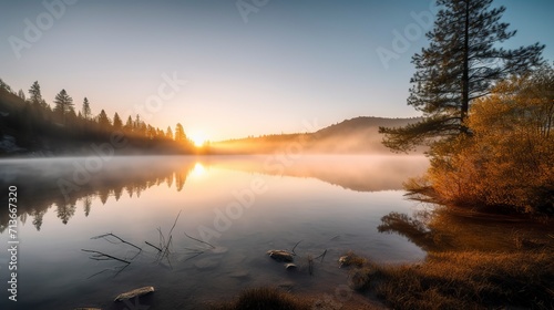 A breathtaking sunrise over a serene mountain lake  with mist rising from the water  pine trees on the shore  and a feeling of tranquility and awe  Photography 