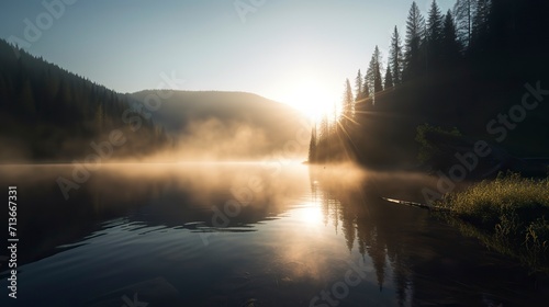 A breathtaking sunrise over a serene mountain lake  with mist rising from the water  pine trees on the shore  and a feeling of tranquility and awe  Photography 