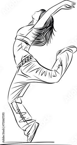 Dancer perform hiphop. Performer in freestyle street dance. Young woman jumping in hip hop pose