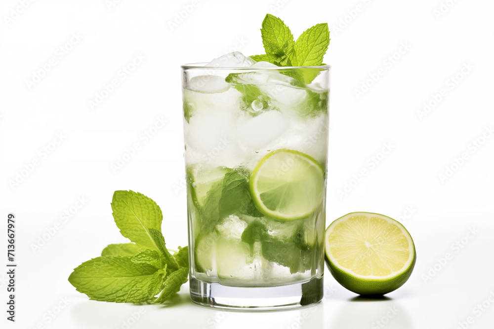 Glass of Mojito with Mint and Lime Isolated on White Background Alcoholic Drink Beverage Glass of Mojito with Mint and Lime Isolated on White Background Alcoholic Drink Beverage
