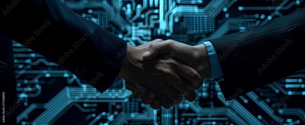 Close-up of two businessman, shaking hands in the dark, with electronic components in the background, geometric shapes and patterns, light indigo, black, business and economic growth. generative AI Close-up of two businessman, shaking hands in the dark, with electronic components in the background, geometric shapes and patterns, light indigo, black, business and economic growth. generative AI