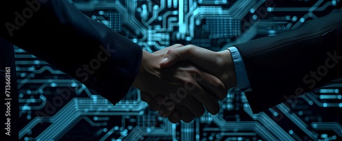 Close-up of two businessman, shaking hands in the dark, with electronic components in the background, geometric shapes and patterns, light indigo, black, business and economic growth. generative AI photo