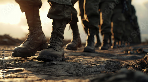 a close-up of the feet of a group of soldiers walking across a dusty, rocky terrain. 