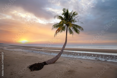Landscape of beach with coconut trees and sunrise over sea,Trat Province Thailand. 