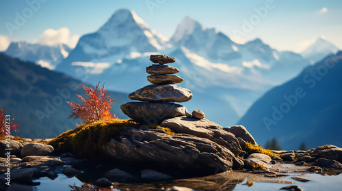 Stack of zen stones with mountain and river backgrounds © 99 Inspiration