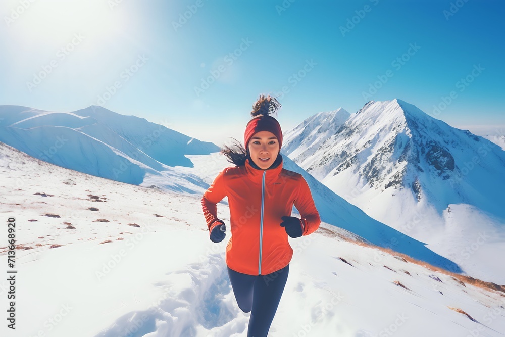 female runner exercising running on winter snow mountain