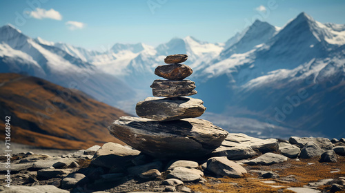 Stack of zen stones with mountain and river backgrounds