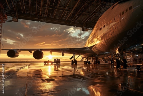 Aeronautical Precision: From the Observation Deck, Witness Skilled Mechanics Repairing a Massive Boeing 747, Revealing Intricate Details as the Sun Sets on the Aviation Hangar.