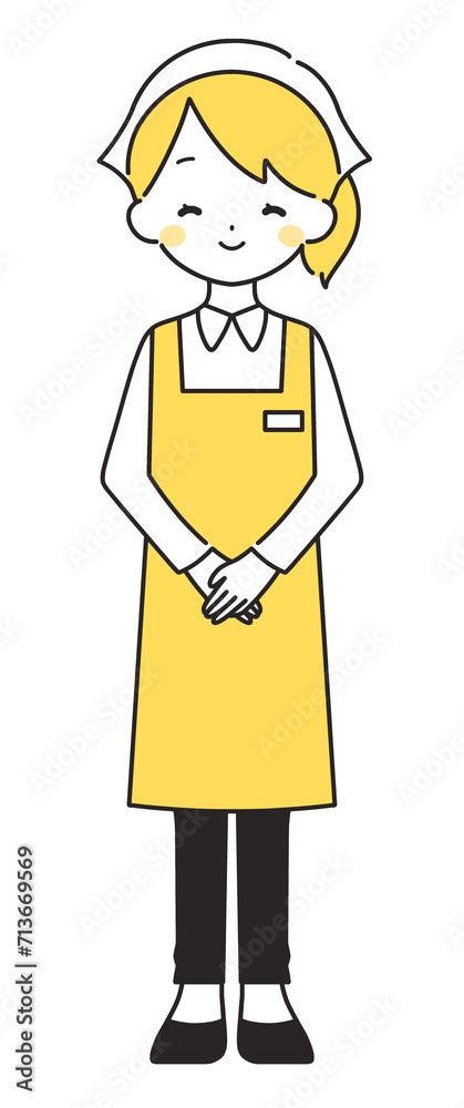 黄色｜笑顔で手を組む三角巾の女性店員｜エプロン