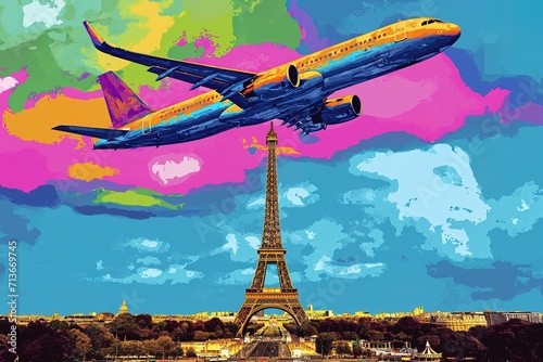 Eiffel Tower and plane illustration pop art cartoon postcard colorful, travel Europe, France Paris