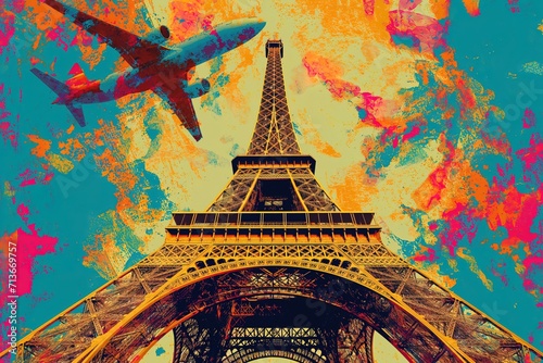 Eiffel Tower and plane illustration pop art cartoon postcard colorful, travel Europe, France Paris