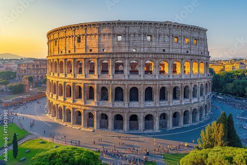 Ancient Colosseum, aerial view on beautiful sunset
